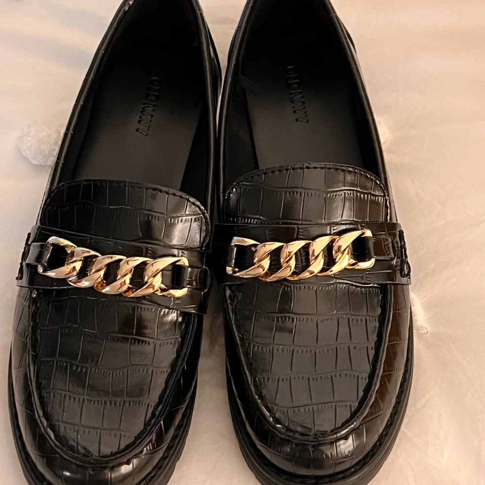 Old Navy Black and Gold Loafers with Chain Detail